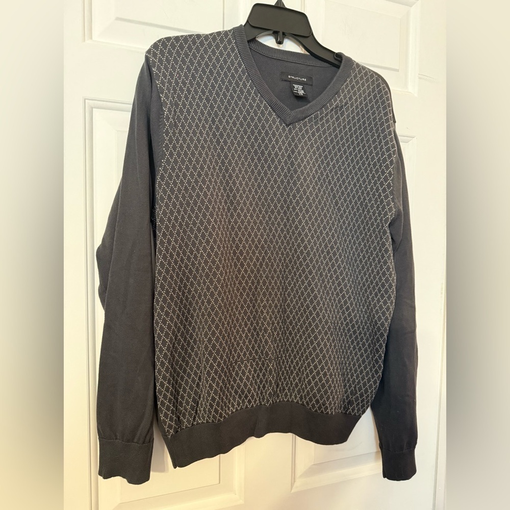 Structure Men’s V Neck Sweater Diamond Pattern Gray Large 100% Cotton Soft Comfy